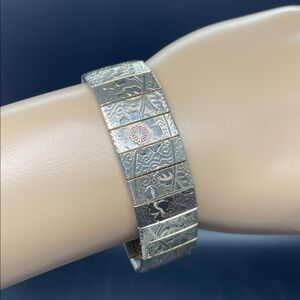 Vintage Silver & Gold Tone Etched Floral Panel Bracelet Mesh Back 6.5”